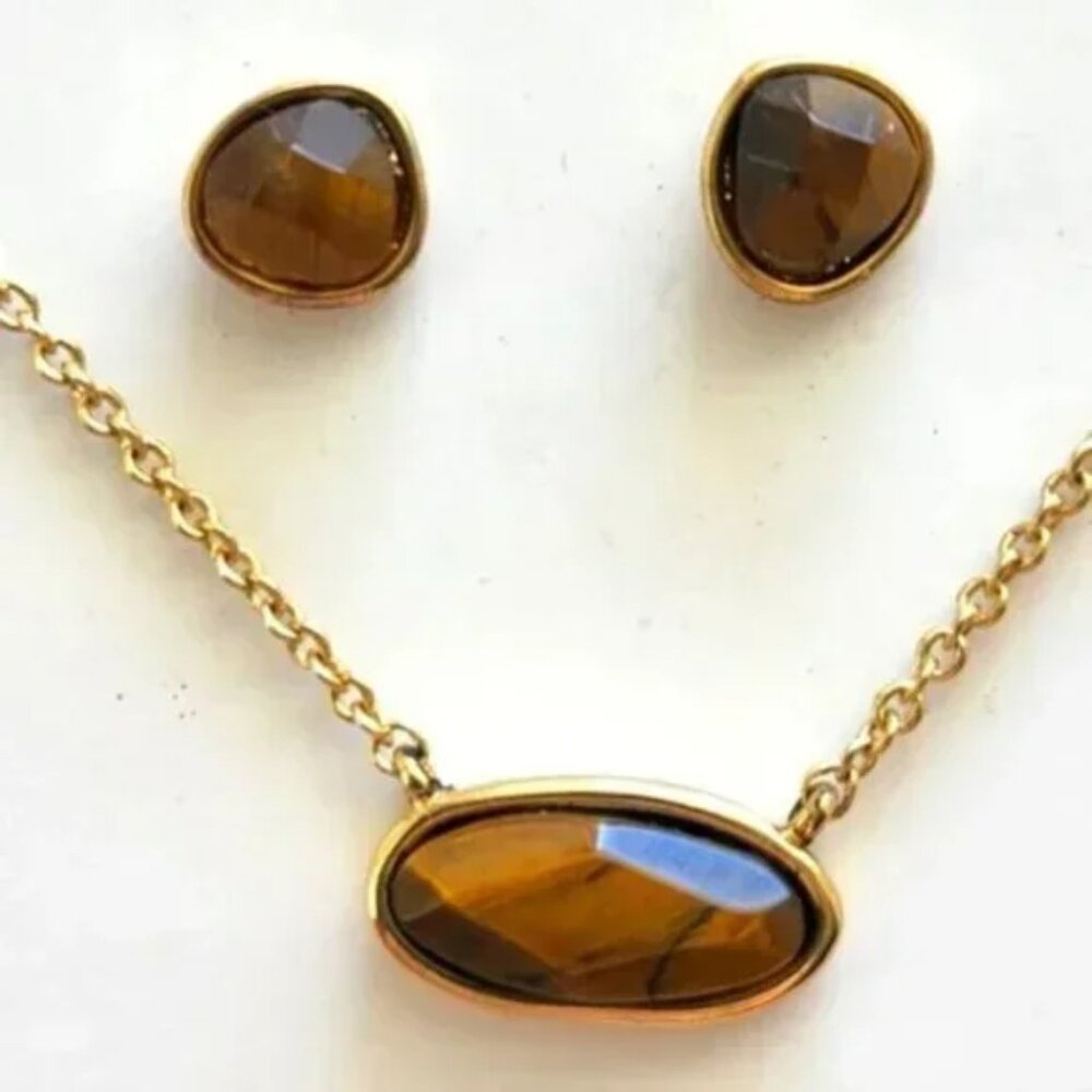NEW - Tiger's Eye necklace & earrings set - 14-karat Gold Plated Brass